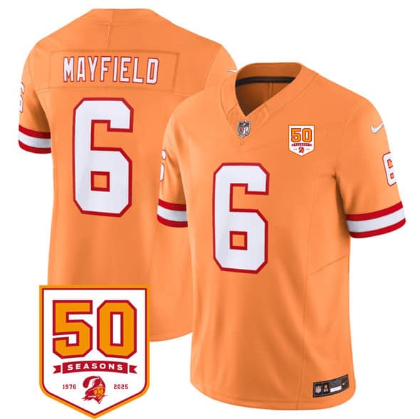 Tampa Bay Buccaneers #6 Baker Mayfield Orange 2025 F.U.S.E. 50th Anniversary Patch Vapor Untouchable Limited Stitched Jersey