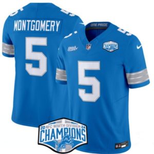 Detroit Lions #5 David Montgomery Blue 2024 NFC North Champions F.U.S.E. Vapor Limited Stitched Jersey