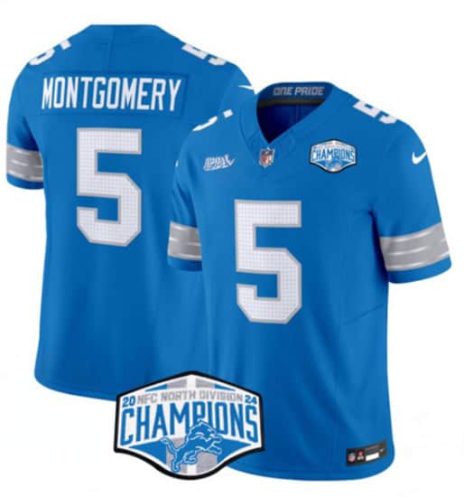 Detroit Lions #5 David Montgomery Blue 2024 NFC North Champions F.U.S.E. Vapor Limited Stitched Jersey