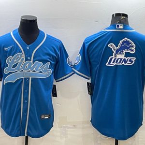 Detroit Lions Blue Team Big Logo With Patch Cool Base Stitched Baseball Jersey