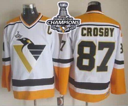 Penguins #87 Sidney Crosby White Yellow CCM Throwback 2016 Stanley Cup Champions Stitched Jersey