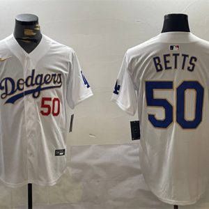 Los Angeles Dodgers #50 Mookie Betts White Gold 2024 World Series Home Limited Stitched Jersey