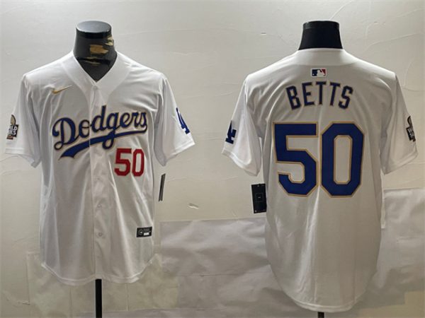 Los Angeles Dodgers #50 Mookie Betts White Gold 2024 World Series Home Limited Stitched Jersey