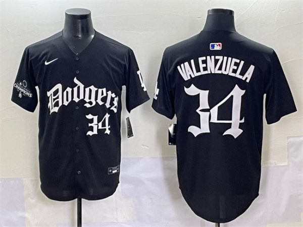 Los Angeles Dodgers #34 Fernando Valenzuela Black 2025 LA Gothic Style With 2024 World Series Champions Patch Vapor Premier Limited Stitched Jersey