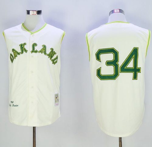 Mitchell And Ness 1968 Athletics #34 Rollie Fingers Cream Throwback Stitched Jersey
