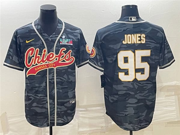 Kansas City Chiefs #95 Chris Jones Gray Camo With Super Bowl LVII Patch Cool Base Stitched Jersey
