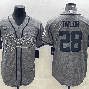 Indianapolis Colts #28 Jonathan Taylor Grey With Patch Cool Base Stitched Baseball Jersey