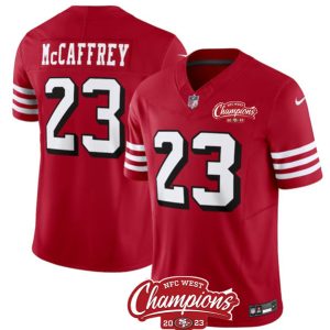 San Francisco 49ers #23 Christian McCaffrey Red 2023 F.U.S.E. NFC West Champions Patch Alternate Stitched Jersey