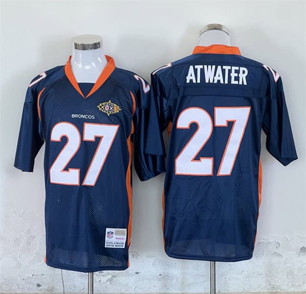 Denver Broncos #27 Steve Atwater Mitchel Ness Navy With Super Bowl Patch Throwback Stitched Jersey