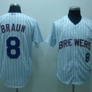 Brewers #8 Ryan Braun Stitched White Blue Strip Jersey