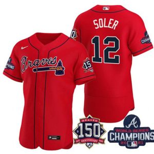 Atlanta Braves #12 Jorge Soler 2021 Red World Series Champions With 150th Anniversary Flex Base Stitched Jersey