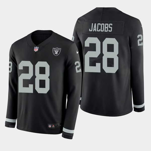 Raiders #28 Josh Jacobs Black Long Sleeve Stitched Jersey