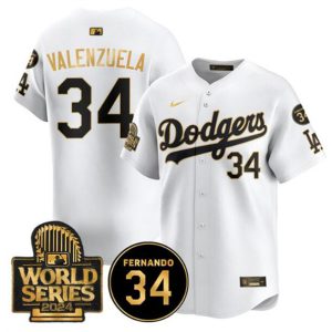 Los Angeles Dodgers #34 Toro Valenzuela White Gold 2024 World Series With Fernando Memorial Patch Limited Stitched Jersey