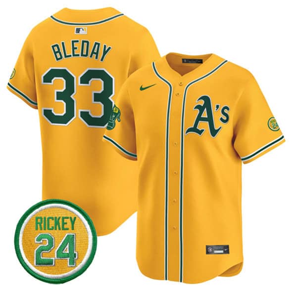 Oakland Athletics #33 JJ Bleday Yellow 2024 Limited With Rickey Henderson Patch Stitched Jersey