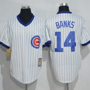 Cubs #14 Ernie Banks White Strip Home Cooperstown Stitched Jersey