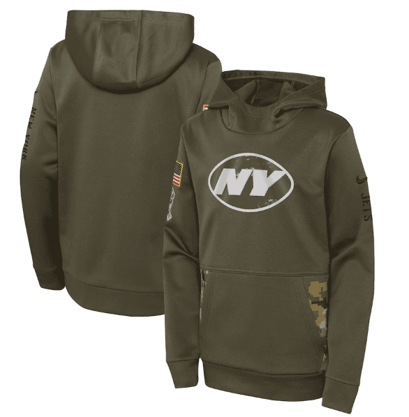 Youth New York Jets 2022 Olive Salute To Service Therma Performance Pullover Hoodie