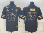 Kansas City Chiefs #87 Travis Kelce Black Golden Super Bowl LV And Super Bowl LVII Patch Vapor Limited Stitched Jersey