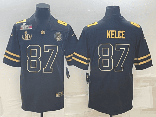 Kansas City Chiefs #87 Travis Kelce Black Golden Super Bowl LV And Super Bowl LVII Patch Vapor Limited Stitched Jersey