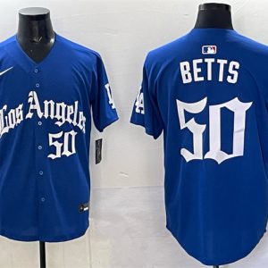 Los Angeles Dodgers #50 Mookie Betts Blue 2025 LA Gothic Style With Fernando Patch Vapor Premier Limited Stitched Jersey