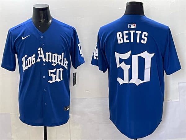 Los Angeles Dodgers #50 Mookie Betts Blue 2025 LA Gothic Style With Fernando Patch Vapor Premier Limited Stitched Jersey