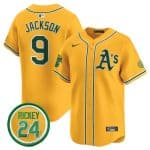 Oakland Athletics #9 Reggie Jackson Yellow 2024 Limited With Rickey Henderson Patch Stitched Jersey