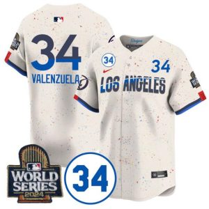 Los Angeles Dodgers #34 Toro Valenzuela Cream 2024 World Series With No. 34 Patch City Connect Limited Stitched Jersey