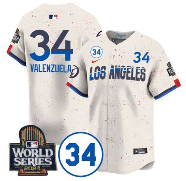 Los Angeles Dodgers #34 Toro Valenzuela Cream 2024 World Series With No. 34 Patch City Connect Limited Stitched Jersey
