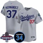 Los Angeles Dodgers #37 Teoscar Hernandez Gray 2024 World Series Champions With Fernando Memorial Patch Vapor Premier Limited Stitched Jersey