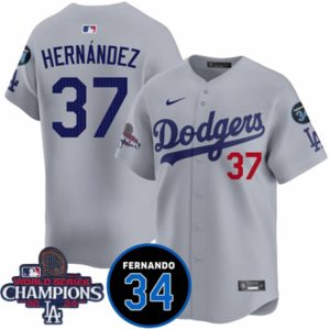 Los Angeles Dodgers #37 Teoscar Hernandez Gray 2024 World Series Champions With Fernando Memorial Patch Vapor Premier Limited Stitched Jersey
