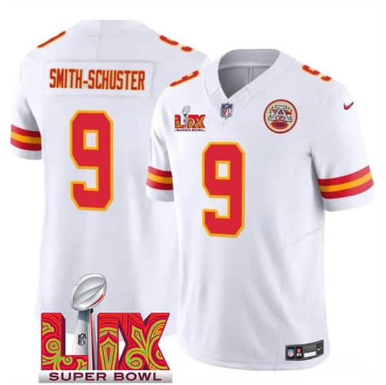 Kansas City Chiefs #9 JuJu Smith-Schuster White 2025 F.U.S.E. Super Bowl LIX Patch Vapor Untouchable Limited Stitched Jersey