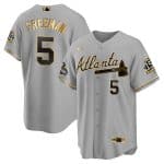 Atlanta Braves #5 Freddie Freeman 2021 Gray Gold World Series Champions With 150th Anniversary Patch Cool Base Stitched Jersey