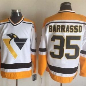 Penguins #35 Tom Barrasso White Yellow CCM Throwback Stitched Jersey