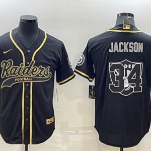Las Vegas Raiders #34 Bo Jackson Black Gold Team Big Logo With Patch Cool Base Stitched Baseball Jersey