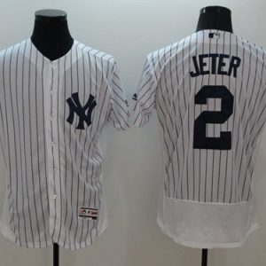 Yankees #2 Derek Jeter White Strip Flexbase Authentic Collection Name On Back Stitched Jersey