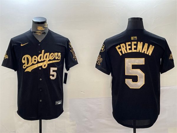 Los Angeles Dodgers #5 Freddie Freeman Black Gold 2024 World Series Champions With Fernando Memorial Patch Limited Stitched Jersey