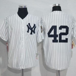 Mitchell And Ness Yankees #42 Mariano Rivera White Strip Throwback Stitched Jersey