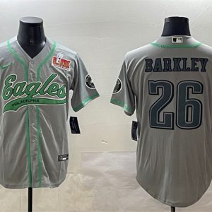 Philadelphia Eagles #26 Saquon Barkley Gray 2025 Super Bowl LIX Patch Cool Base Stitched Jersey