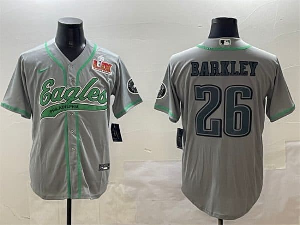 Philadelphia Eagles #26 Saquon Barkley Gray 2025 Super Bowl LIX Patch Cool Base Stitched Jersey