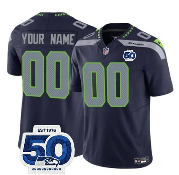 Seattle Seahawks Custom Navy 2025 F.U.S.E. 50th Anniversary Patch Vapor Limited Stitched Jersey