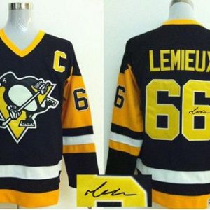 Penguins #66 Mario Lemieux Black CCM Throwback Autographed Stitched Jersey