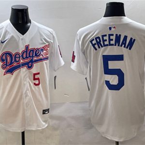 Los Angeles Dodgers #5 Freddie Freeman White With American Flag Patch Limited Stitched Jersey