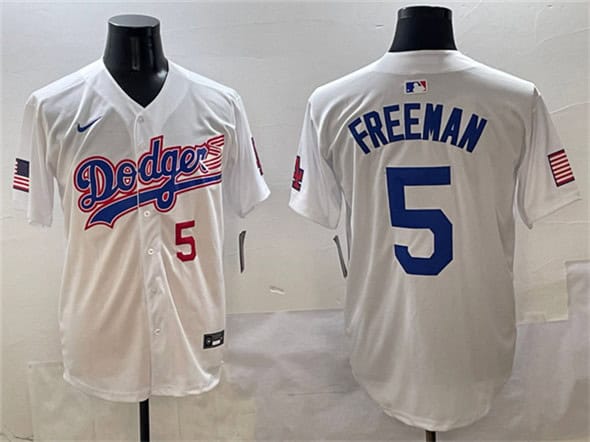 Los Angeles Dodgers #5 Freddie Freeman White With American Flag Patch Limited Stitched Jersey