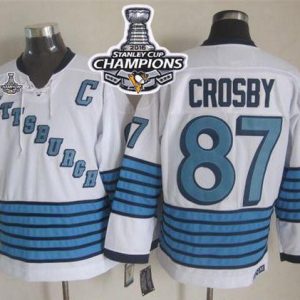 Penguins #87 Sidney Crosby White Light Blue CCM Throwback 2016 Stanley Cup Champions Stitched Jersey