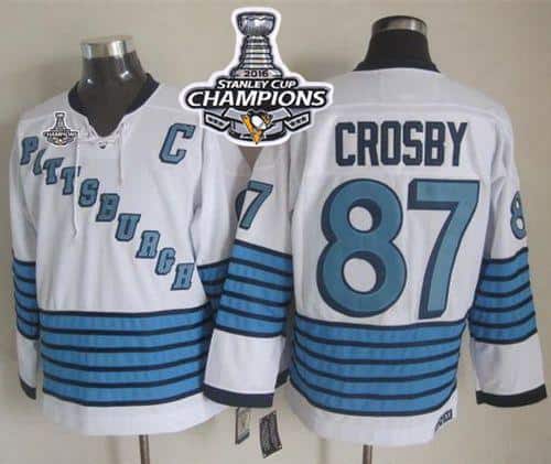 Penguins #87 Sidney Crosby White Light Blue CCM Throwback 2016 Stanley Cup Champions Stitched Jersey