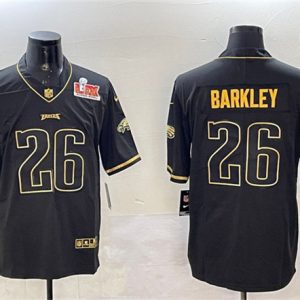 Philadelphia Eagles #26 Saquon Barkley Black Gold 2025 Super Bowl LIX Patch Salute To Service Vapor Untouchable Limited Stitched Jersey