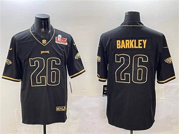 Philadelphia Eagles #26 Saquon Barkley Black Gold 2025 Super Bowl LIX Patch Salute To Service Vapor Untouchable Limited Stitched Jersey
