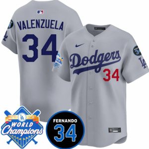 Los Angeles Dodgers #34 Fernando Valenzuela Gray 2024 World Champions Fernando Memorial Patch Vapor Premier Limited Stitched Jersey