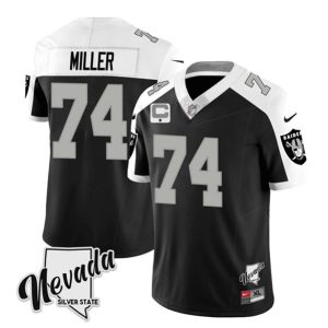 Las Vegas Raiders #74 Kolton Miller Black White 2023 F.U.S.E Nevada Silver Stat With 4-Star C Patch Stitched Jersey