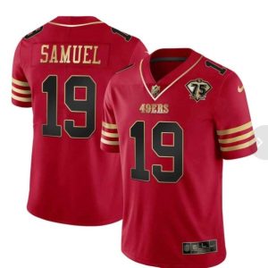 San Francisco 49ers #19 Deebo Samuel Red With 75th Anniversary Patch Stitched Football Jersey