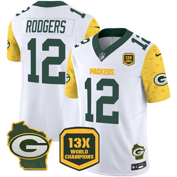 Green Bay Packers #12 Aaron Rodgers White 2024 F.U.S.E. 13 Time World Champions And Home Patch Vapor Untouchable Limited Stitched Jersey